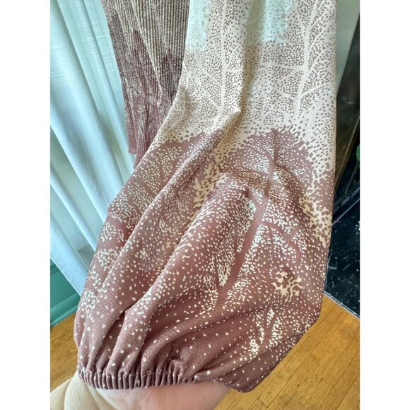 Vintage 80s dress, taupe, dusty mauve, beige nature pattern, pleated skirt - Picture 5 of 8